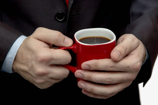 Zerwać Filiżanką Kawy Ręku Kubek Czerwony Działalności Człowieka — Zdjęcie stockowe