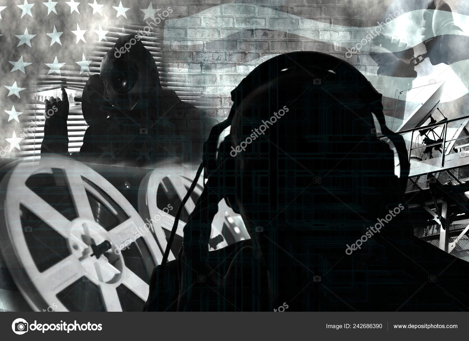 Herunterladen - Überwachung von Bürgern, Geheimdienst, Sonderagenten, die das Gespräch abhören, Fotocollage in Konturenbeleuchtung — Stockbild Überwachung Von Bürgern Geheimdienst Sonderagenten Die Das Gespräch Abhören Fotocollage — Stockfoto