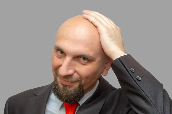 Glatzkopf Anzug Rasierter Kopf Grauer Hintergrund — Stockfoto
