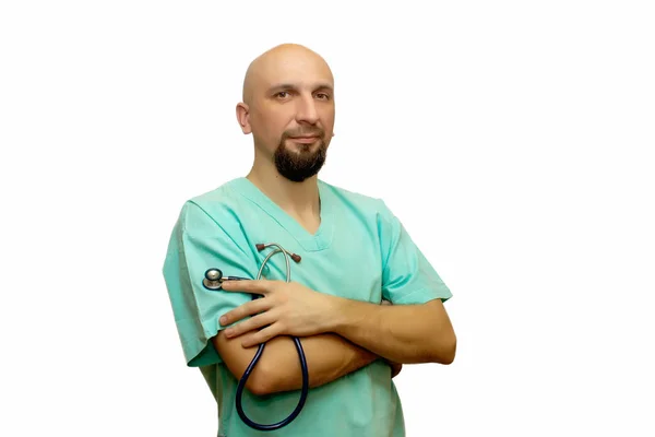 Pria Botak Dengan Pakaian Dokter Memegang Fonendoskop Dokter Dengan Latar — Stok Foto