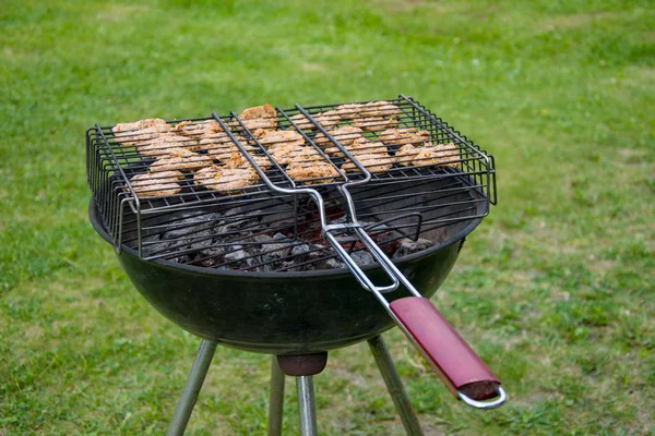 Mięso Jest Smażone Grillu Grillu Jedzenie Jest Gotowane Ogniu — Zdjęcie stockowe