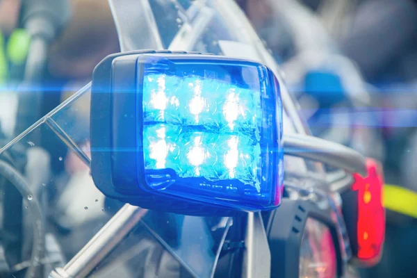 Blue Flashing Light Police Motorcycle Arriving Scene Accident Incident — Stock Photo, Image