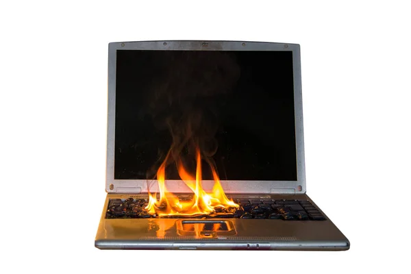 Burning Laptop Keyboard Equipment Fire Due Faulty Battery Wiring White — ストック写真