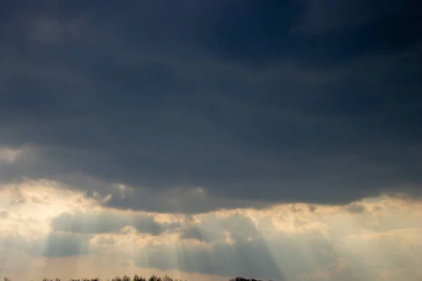 Dalle Nuvole Tempesta Raggi Del Sole Scendono Sugli Alberi — Foto Stock