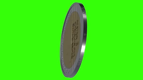 Two Euro Coin Spinning Its Axis Green Background Chromakey Video — Stock Video