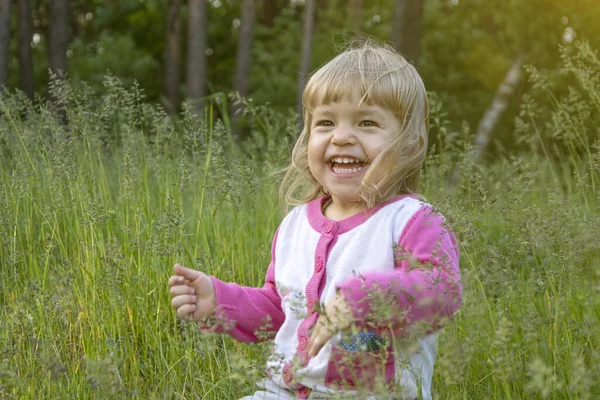 Malá Blondýnka Směje Vysoké Zelené Trávě Dětské Emoce Radosti — Stock fotografie