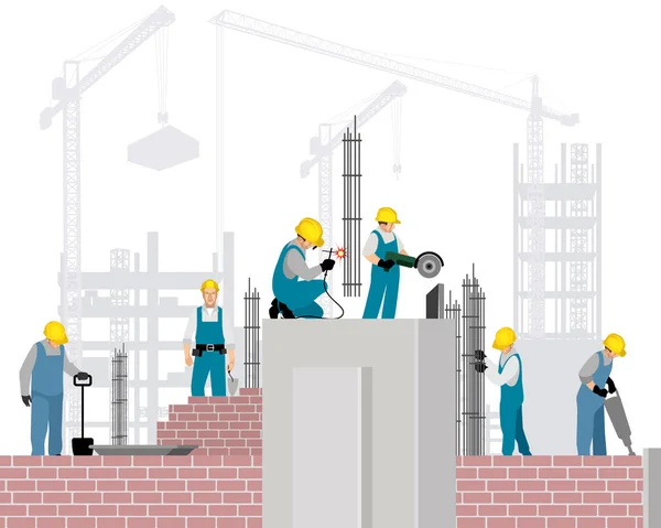 Ilustração Vetorial Seis Construtores Canteiro Obras — Vetor de Stock