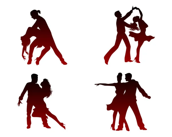 Ilustração Vetorial Silhuetas Quatro Casais Dançarinos — Vetor de Stock