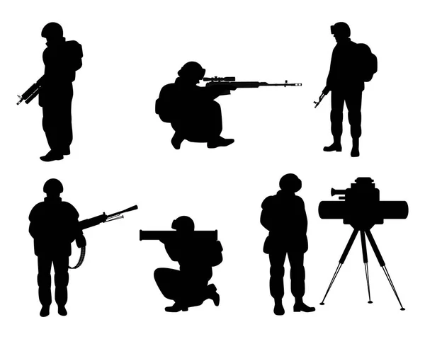 Vektorillustrasjon Seks Silhuetter Soldater Med Våpen – stockvektor