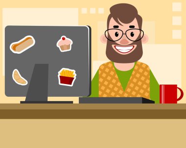 Sakallı bir adam ofiste vektör çizim