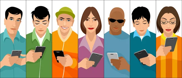 Vector illustration of young people with cell phones