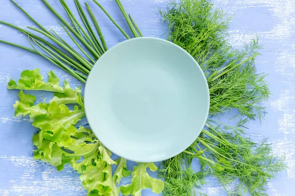 Ensalada, eneldo, cebolla, bajo plato azul con lugar para texto . —  Fotos de Stock