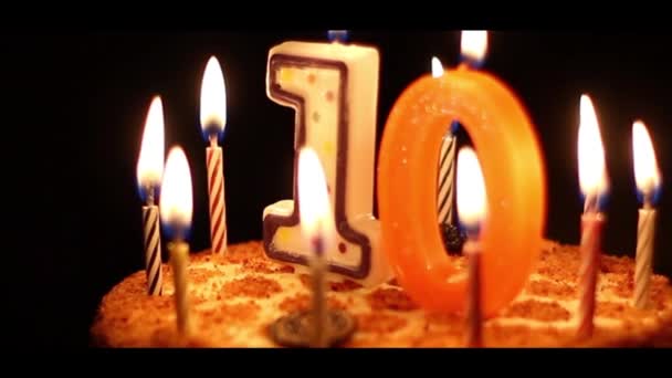 Burning Candles Cake Ten Years Birthday — Stock Video