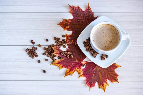 Кофе в чашке и кофейных зерен, изолированные распространение на белом фоне с осенью красные листья . — стоковое фото