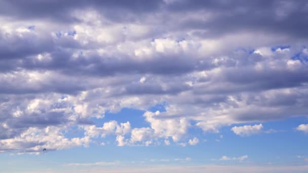 Χρονικό κενό κλιπ από λευκά χνουδωτά σύννεφα πάνω από τον γαλάζιο ουρανό. Φουσκωτό χνουδωτό λευκό σύννεφα μπλε ουρανό time lapse φόντο κίνησης. — Αρχείο Βίντεο