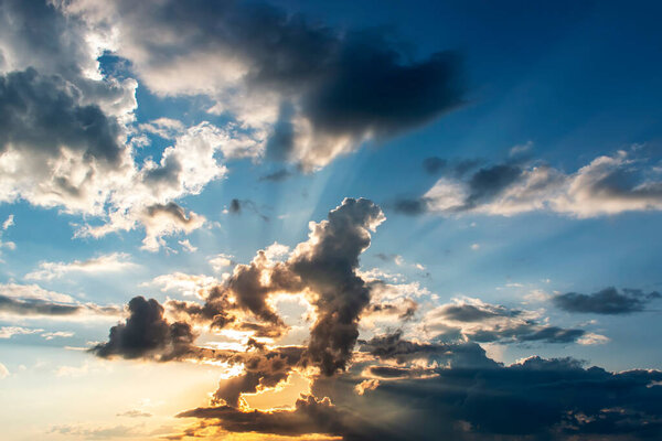 Dramatic sky with clouds on sunset. Nature composition. Summer background