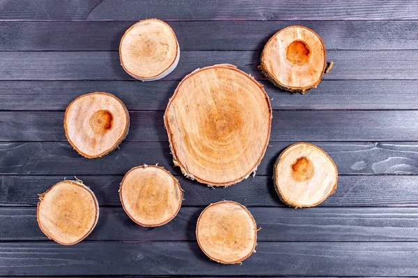 Tocón Madera Con Feliz Año Nuevo Decoración Árbol Redondo Cortado —  Fotos de Stock