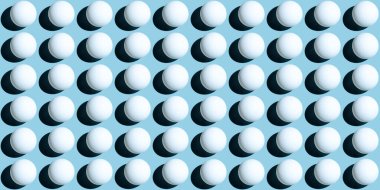 Üniformalı mavi arka planda izole edilmiş küreler gibi beyaz ping pong topları deseni. Sancak boyutu.