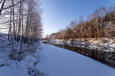 Kış ormanı ve nehir manzarası. Gün doğumu, gün batımı Güzel karlı ormanda