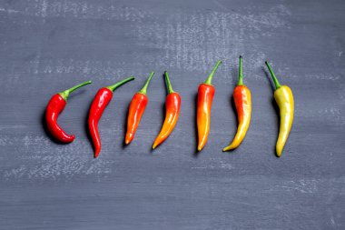 Şili biberinin çeşitleri. Arka planda kırmızı, yeşil ve sarı kırmızı biber var.