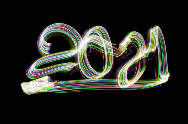 2021 Handschrift Mit Taschenlampe Isoliert Auf Schwarzem Hintergrund Lichtmalerei Langzeitbelichtungsfotografie — Stockfoto