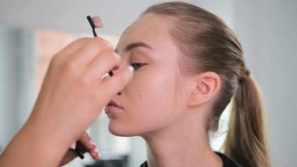 Maquiagem profissional artista pentear sobrancelhas do cliente. Conceito de beleza, visagem e moda . — Vídeo de Stock