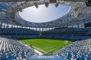 Rusya, Nizhny Novgorod - 16 Nisan 2018: Görünüm, Nizhny Novgorod yeni inşa Rusya 2018 FIFA Dünya Kupası için bina Stadyumu,