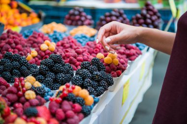 Pazar yeri farklı meyve ile. Satıcı açık havada renkli berry arka plan ver. Satılık, alışveriş ve insanlar kavramı. Berry sokak gıda Market satın kadar kapatın. Seçici odak.
