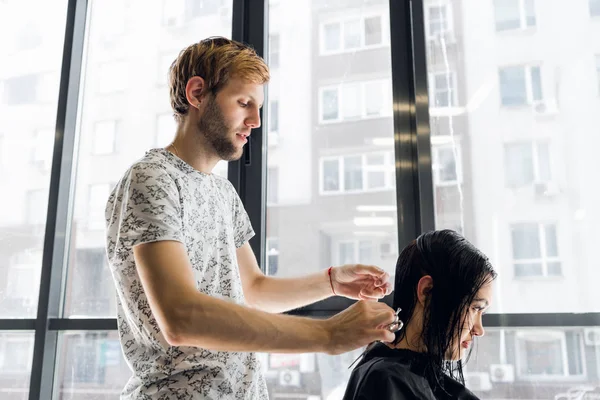 Перукарня для стрижки волосся красивої серйозної брюнетки — стокове фото