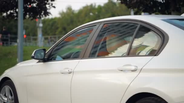 Mulher bonita dirige carro para trás em grande vazio estacionamento ao ar livre — Vídeo de Stock