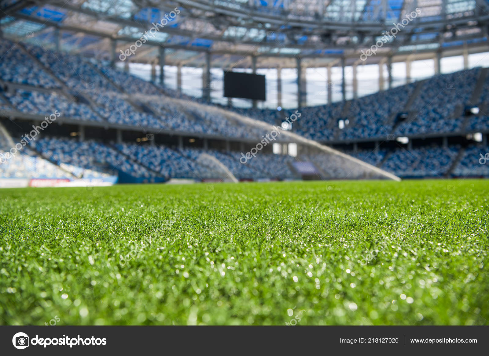 Grass on stadium in sunlight. Closeup of a green football field. Wet