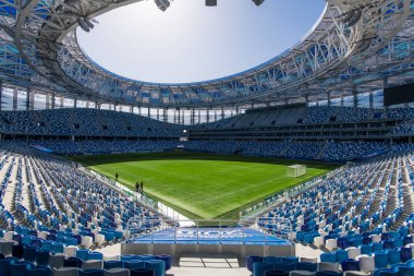 Rusya, Nizhny Novgorod - 16 Nisan 2018: Görünüm, Nizhny Novgorod Rusya 2018 FIFA Dünya Kupası için bina Stadyumu,