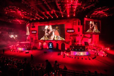 MOSCOW, RUSSIA - OCTOBER 27 2018: EPICENTER Counter Strike: Global Offensive esports event. Main stage venue, big screen and lights before the start of the tournament. clipart