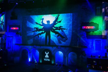 MOSCOW, RUSSIA - OCTOBER 27 2018: EPICENTER Counter Strike: Global Offensive esports event. Main stage with a big screen clipart