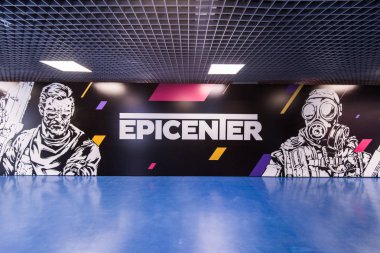 MOSCOW, RUSSIA - OCTOBER 27 2018: EPICENTER Counter Strike: Global Offensive esports event. Big graffiti on a wall with events logo and terrorist and counter-terrorist with guns. clipart