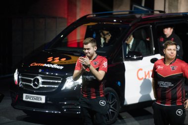 MOSCOW, RUSSIA - OCTOBER 27 2018: EPICENTER Counter Strike: Global Offensive esports event. Introduction of the team FAZE clan. Player Nikola NiKo Kovac on a stage. clipart