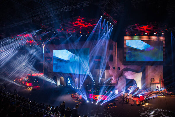 MOSCOW, RUSSIA - OCTOBER 27 2018: EPICENTER Counter Strike: Global Offensive esports event. Main stage venue, big screen and lights illumination before the start of the tournament.