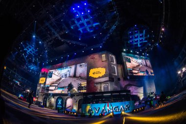 MOSCOW, RUSSIA - OCTOBER 27 2018: EPICENTER Counter Strike: Global Offensive esports event. Main stage venue, big screen and lights before the start of the tournament. clipart