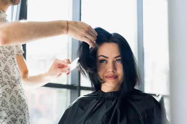 Professional hairdresser, stylist combing hair of female client in professional hair salon. Beauty and haircare concept