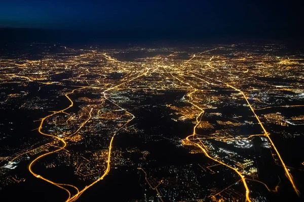 Aerial view of a city of Moscow at night. City of Moscow picture made from airplane.