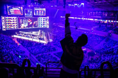 Büyük Esport etkinliği. Turnuva arenasında bir tribünde elleri havada bilgisayar oyunları hayranı. En sevdiği takım için tezahürat yapıyor..