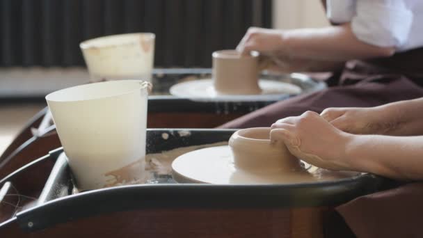 陶芸工房で働く粘土素材を使ったエプロンの女性陶芸家2人。夕方のフリーランスの距離学習。大人の趣味の冒険。冬の教育レジャー。現代のワークショップでのトレーニング. — ストック動画