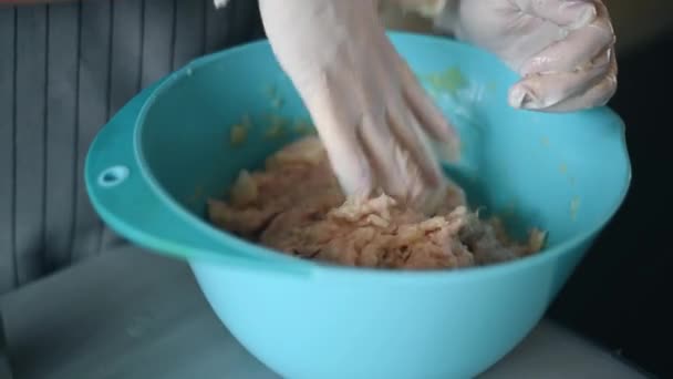 Женщина перемешивает мясо в голубой тарелке. Показан процесс ручного смешивания. Крупный план — стоковое видео