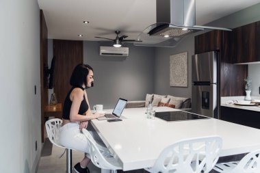 Güzel iş kadını dizüstü bilgisayar kullanıyor, kameraya bakıyor ve evde otururken gülümsüyor.