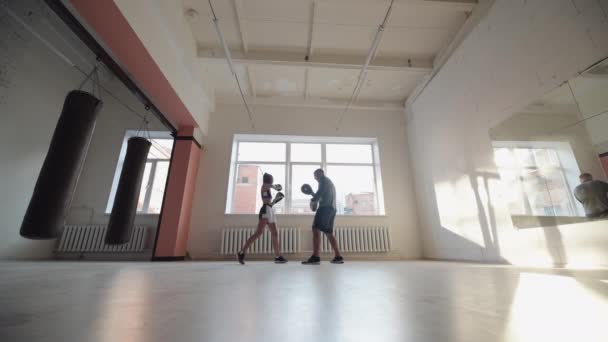 Una giovane ragazza conduce allenamento di kickboxing e pratica scioperi delle zampe con un pugile professionista — Video Stock