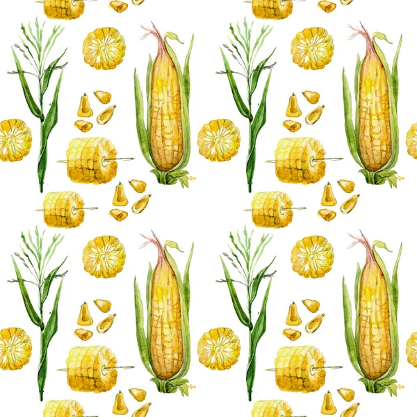 Бесшовный Шаблон Кукурузные Початки Окрашенные Акварель Ручной Рисунок Акварелью Овощей — стоковое фото