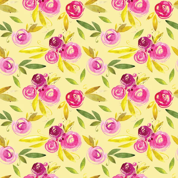 Watercolor Floral Seamless Pattern Pink Roses Green Leaves — Stock Photo, Image