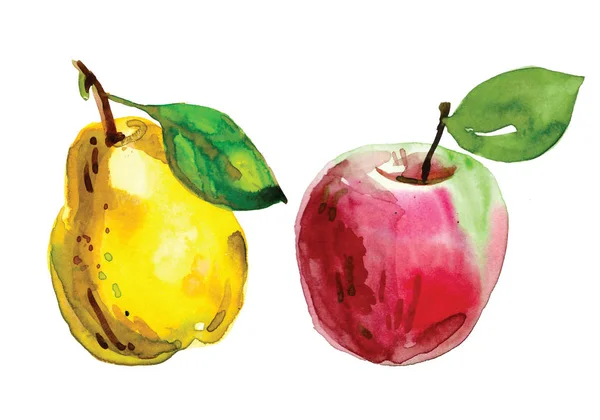 Állítsa Körte Vágott Akvarell Festett Sárga Körte Kézzel Rajzolt Gyümölcsök — Stock Fotó