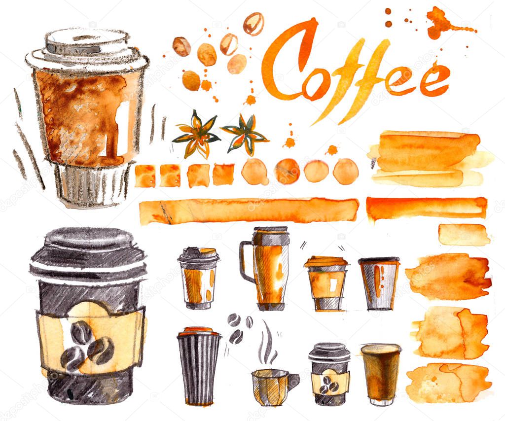 Set of Coffee to go, in a paper cup. painted with watercolors on a white background, isolated. Sketch of the fast food, coffee, breakfast, sweets, star anise and coffee beans