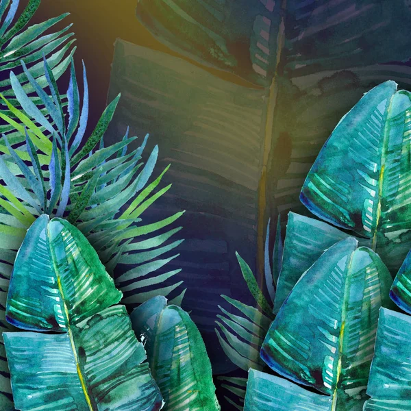 Zielony Tropikalne Liście Tle Akwarela — Zdjęcie stockowe